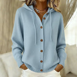 Women's Hooded Button-Front Cardigan - Drawstring Hood Knit Layer