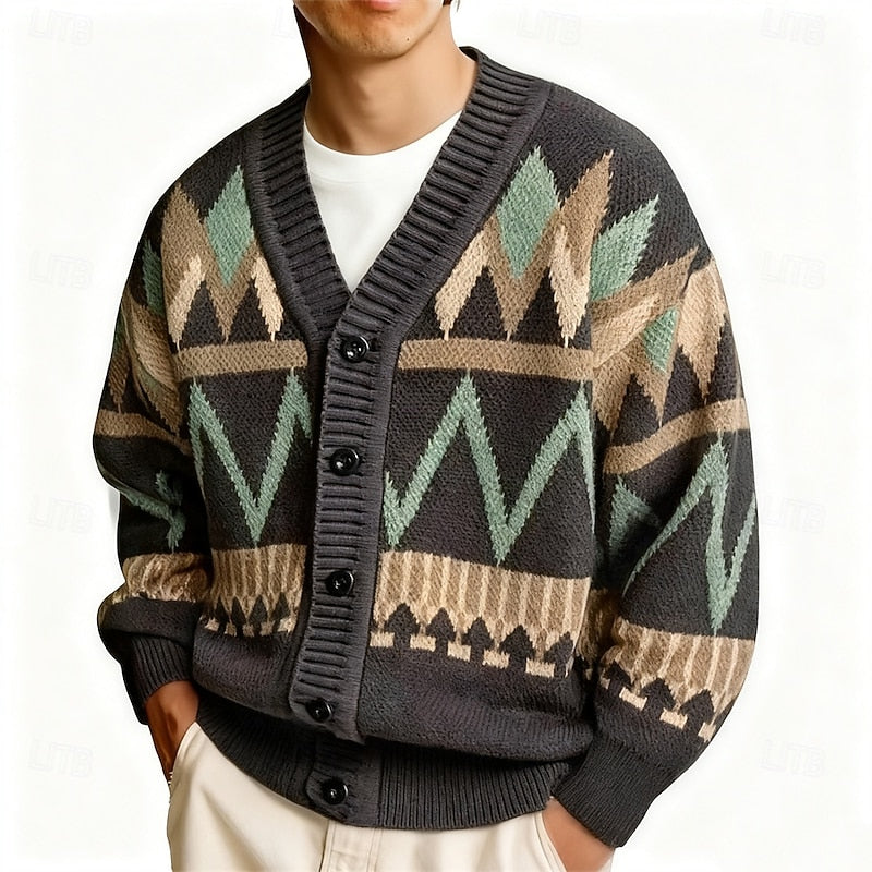 Men's Patterned V-Neck Button Cardigan - Knit Layering Piece