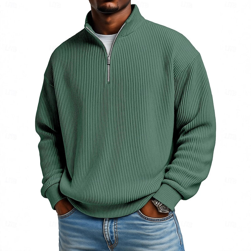 Men's Ribbed Quarter Zip Pullover – Stretch Knit Casual Top