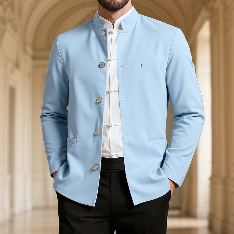 Men's Mandarin-Collar Button Jacket - Lightweight Layering Piece