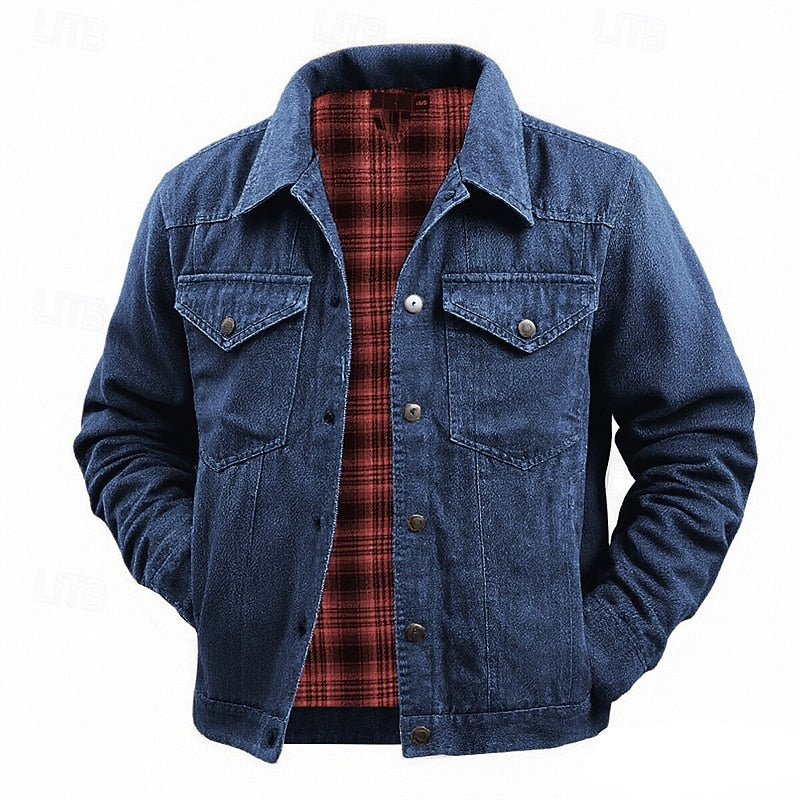 Men's Check-Lined Lapel Utility Jacket - Pocketed Casual Layer