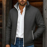 Men's Stand-Collar Zip Cardigan - Ribbed Trim Knit Layer
