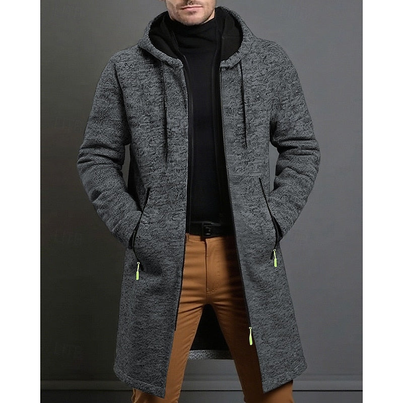 Men's Long Hooded Coat – Minimalist Mid-Length Winter Overcoat