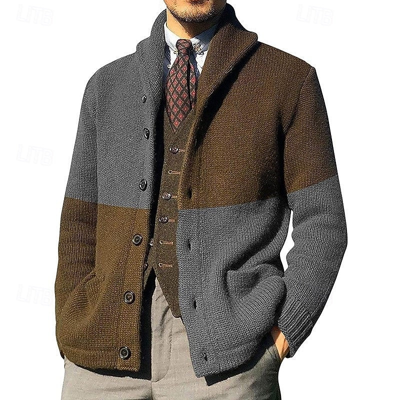Men's Shawl-Collar Colour-Block Cardigan - Regular-Fit Knit Layer