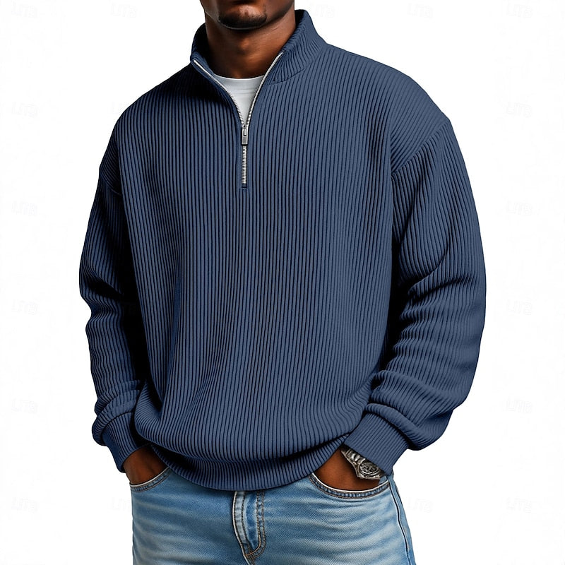 Men's Ribbed Quarter Zip Pullover – Stretch Knit Casual Top