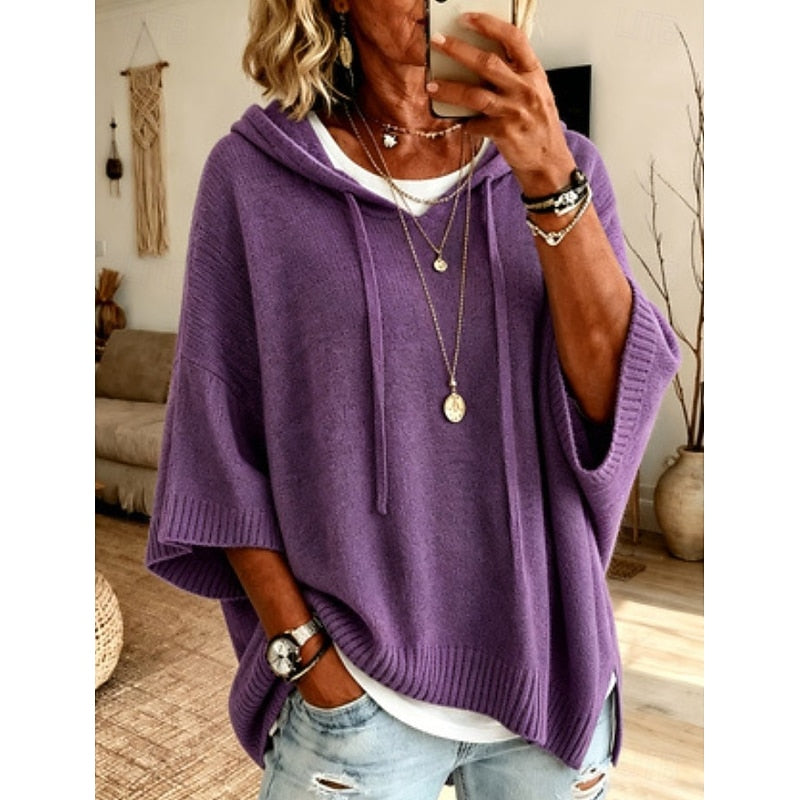 Women's Hooded Jumper with 3/4 Sleeves - Relaxed Casual Knit