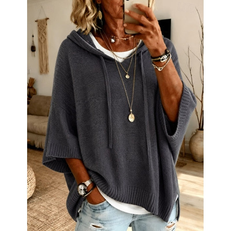 Women's Hooded Jumper with 3/4 Sleeves - Relaxed Casual Knit