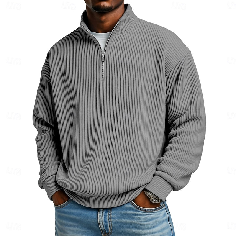Men's Ribbed Quarter Zip Pullover – Stretch Knit Casual Top