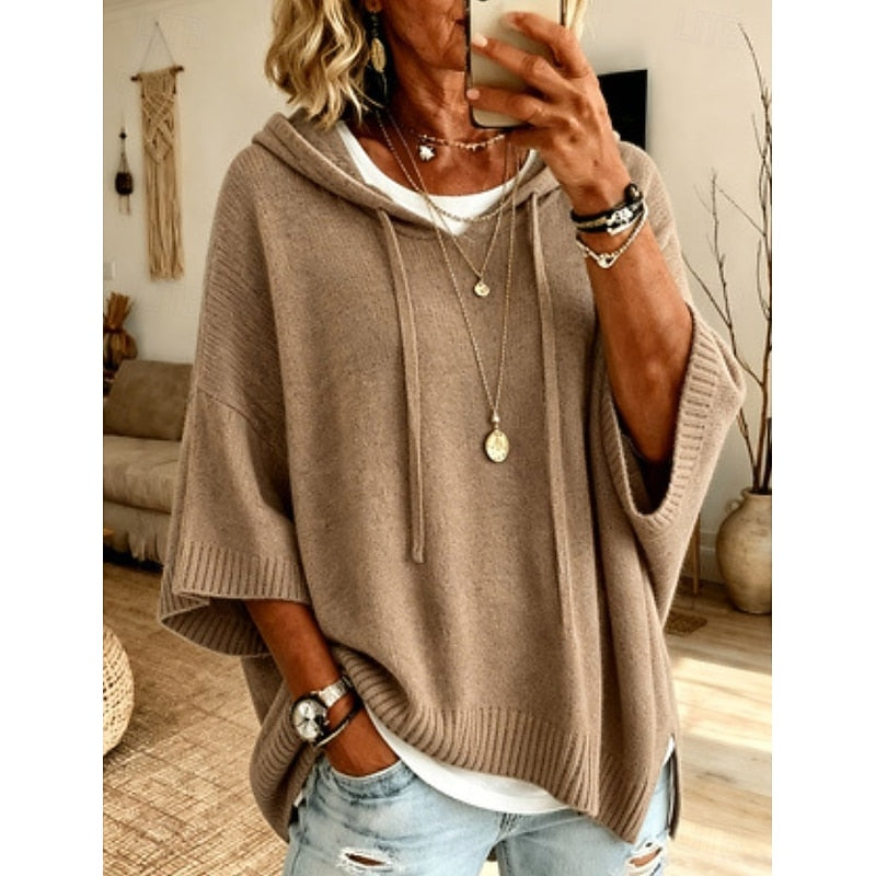 Women's Hooded Jumper with 3/4 Sleeves - Relaxed Casual Knit