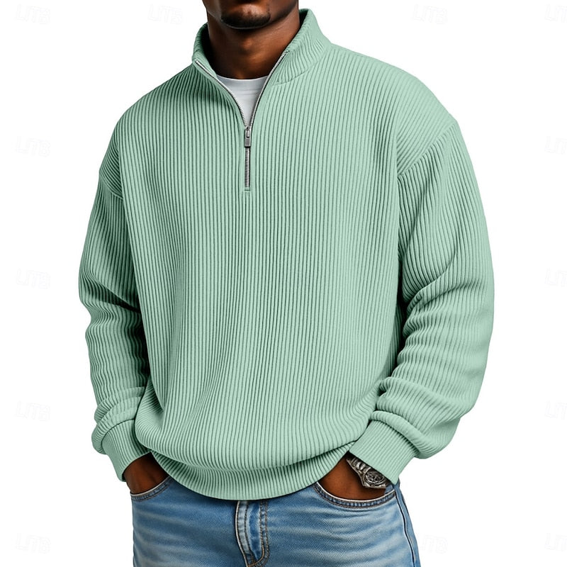Men's Ribbed Quarter Zip Pullover – Stretch Knit Casual Top