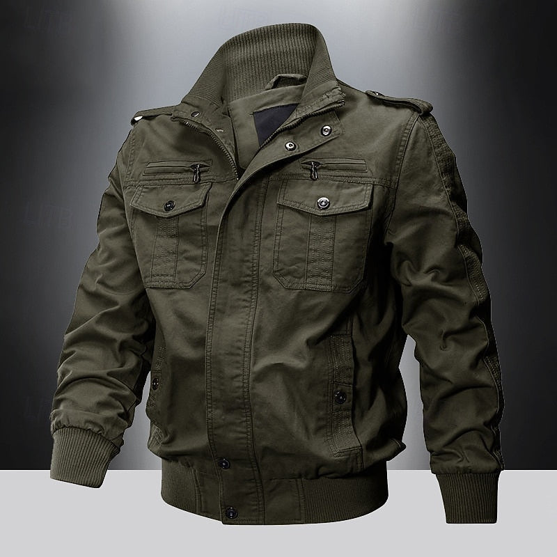 Men's Field-Style Utility Jacket - Stand-Collar Pocketed Layer