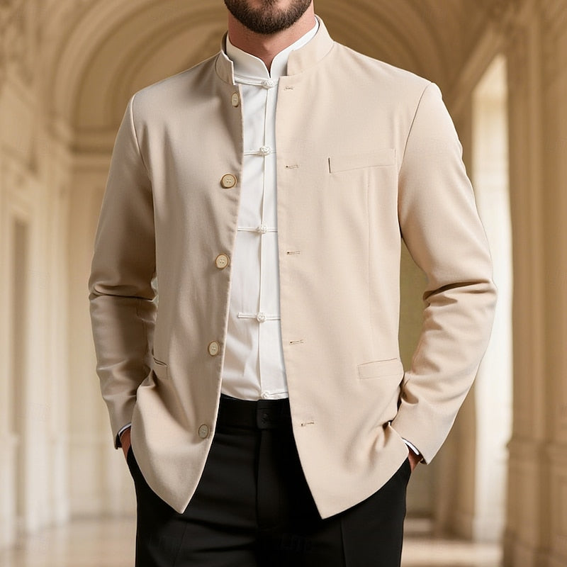 Men's Mandarin-Collar Button Jacket - Lightweight Layering Piece