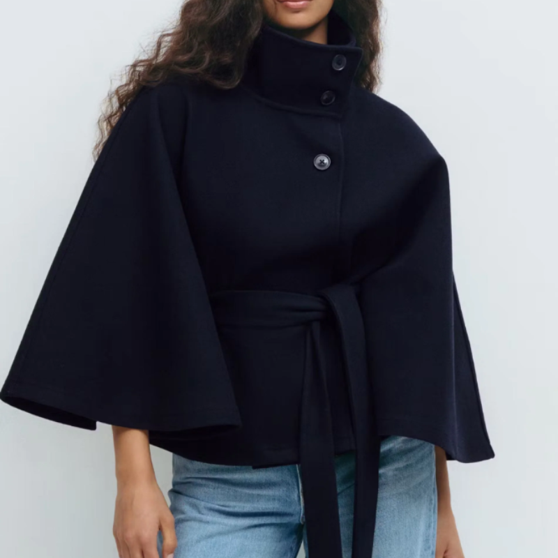 Women's Cape Coat – Belted High Collar Elegant Winter Cape
