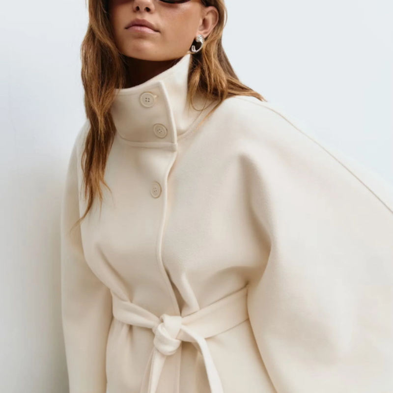 Women's Cape Coat – Belted High Collar Elegant Winter Cape