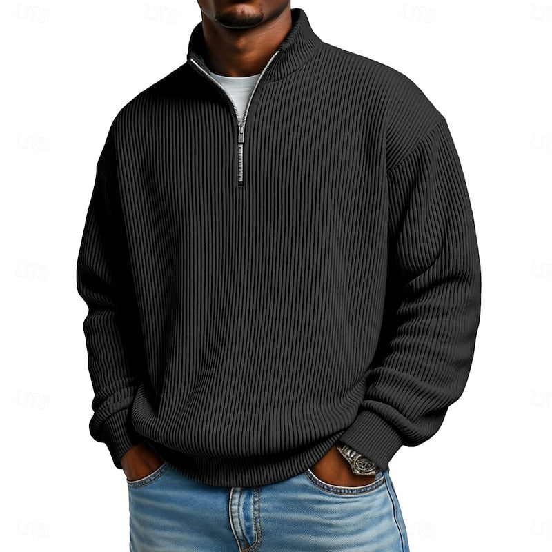 Men's Ribbed Quarter Zip Pullover – Stretch Knit Casual Top