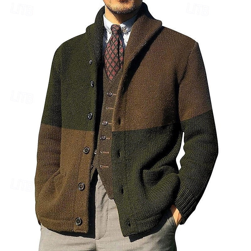 Men's Shawl-Collar Colour-Block Cardigan - Regular-Fit Knit Layer